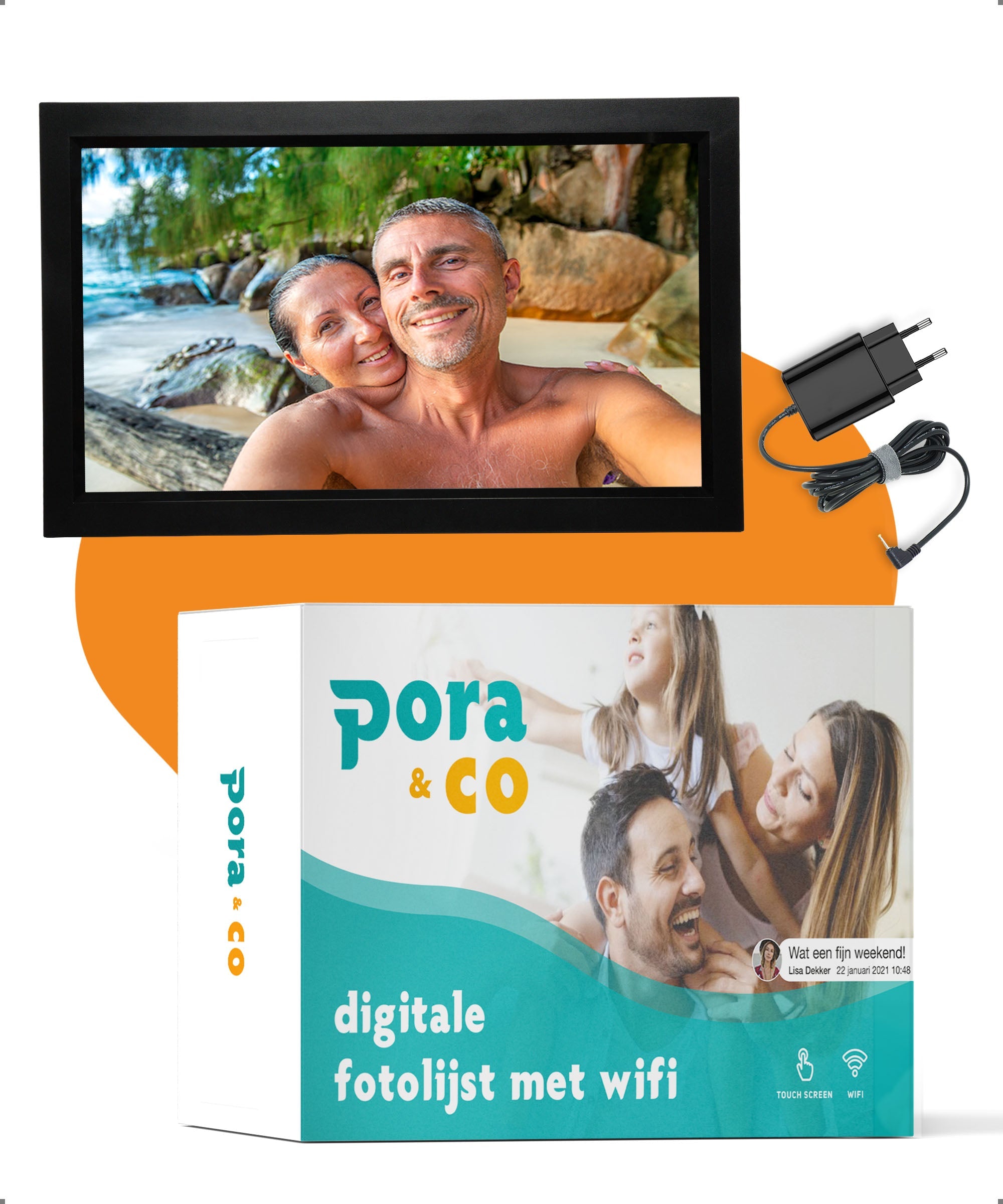 Pora&Co digitale fotolijst met Wi-Fi, toont een strandfoto van een koppel, inclusief een stroomadapter en productdoos.