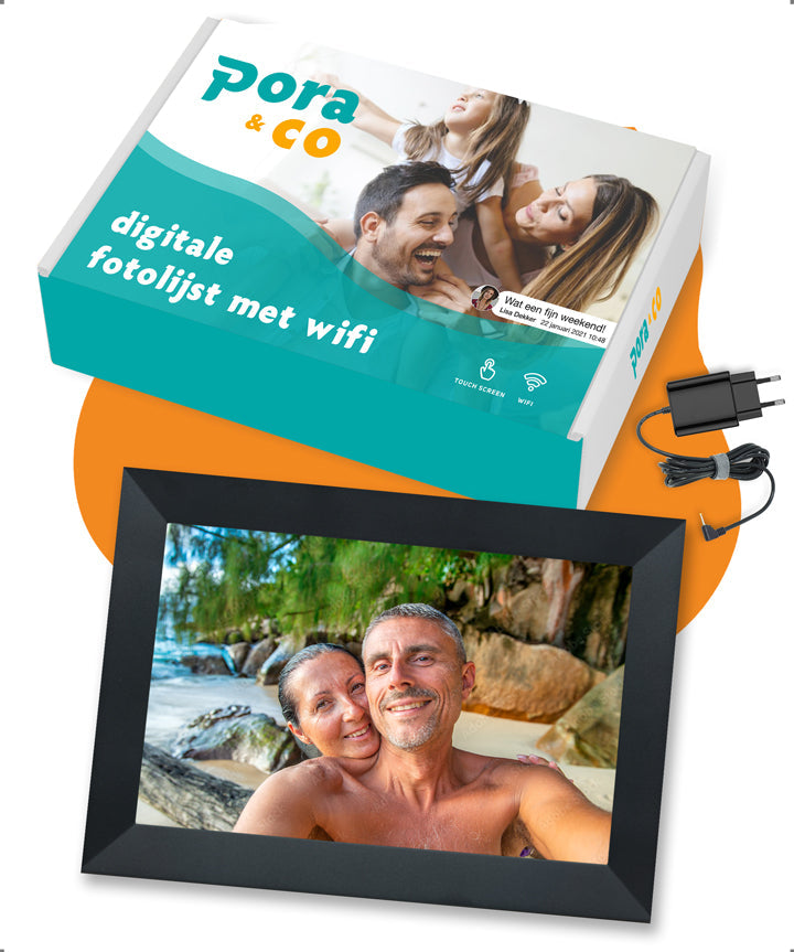Doos met inhoud van Pora & Co digitale fotolijst