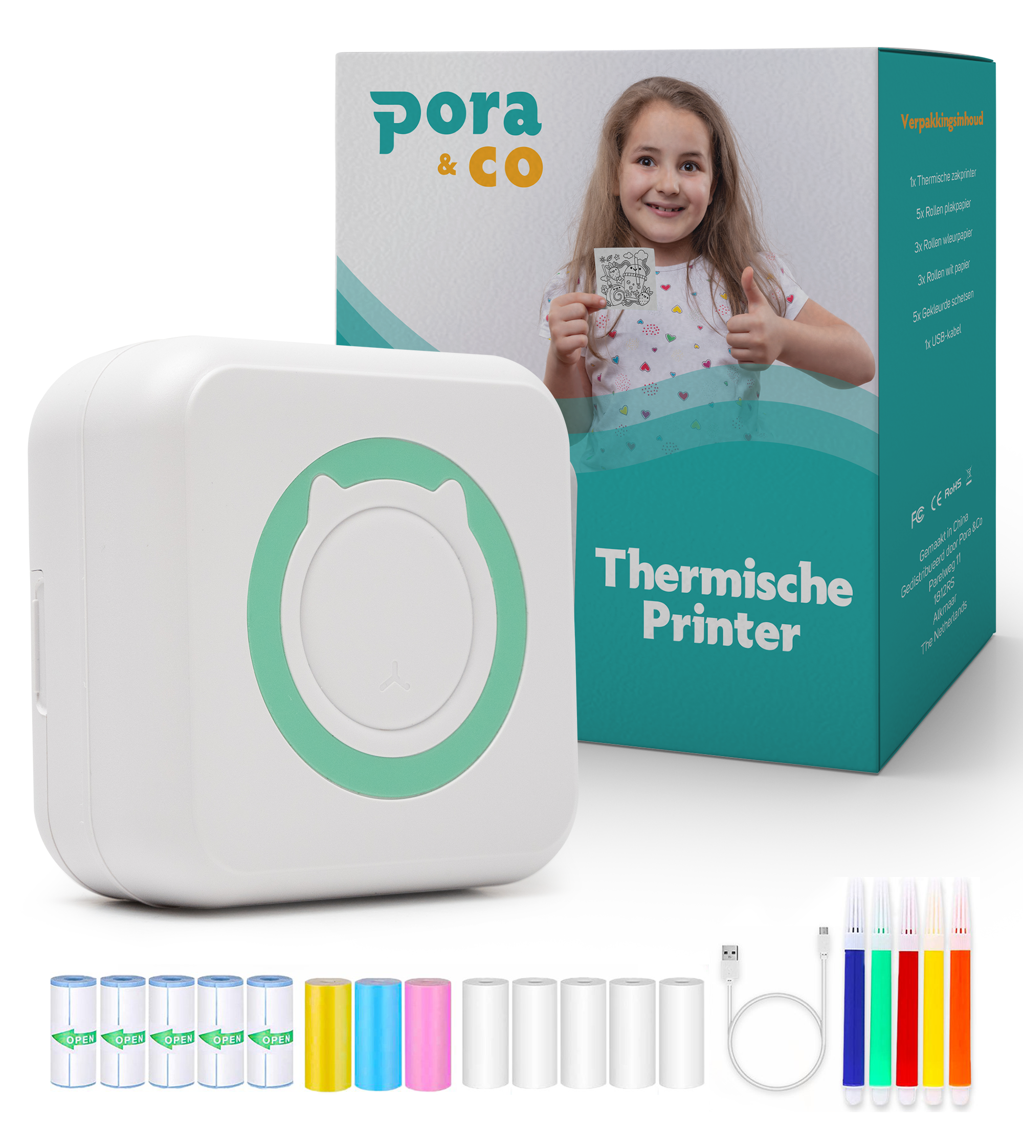 Pora&Co thermische printerpakket met gekleurde printrollen, USB-kabel en markeerstiften, getoond naast de productdoos met een lachend kind.