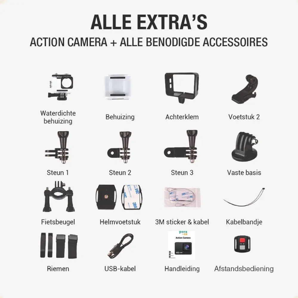 Pora&Co Action Camera 4K met EIS Waterdichte behuizing - Elektronica