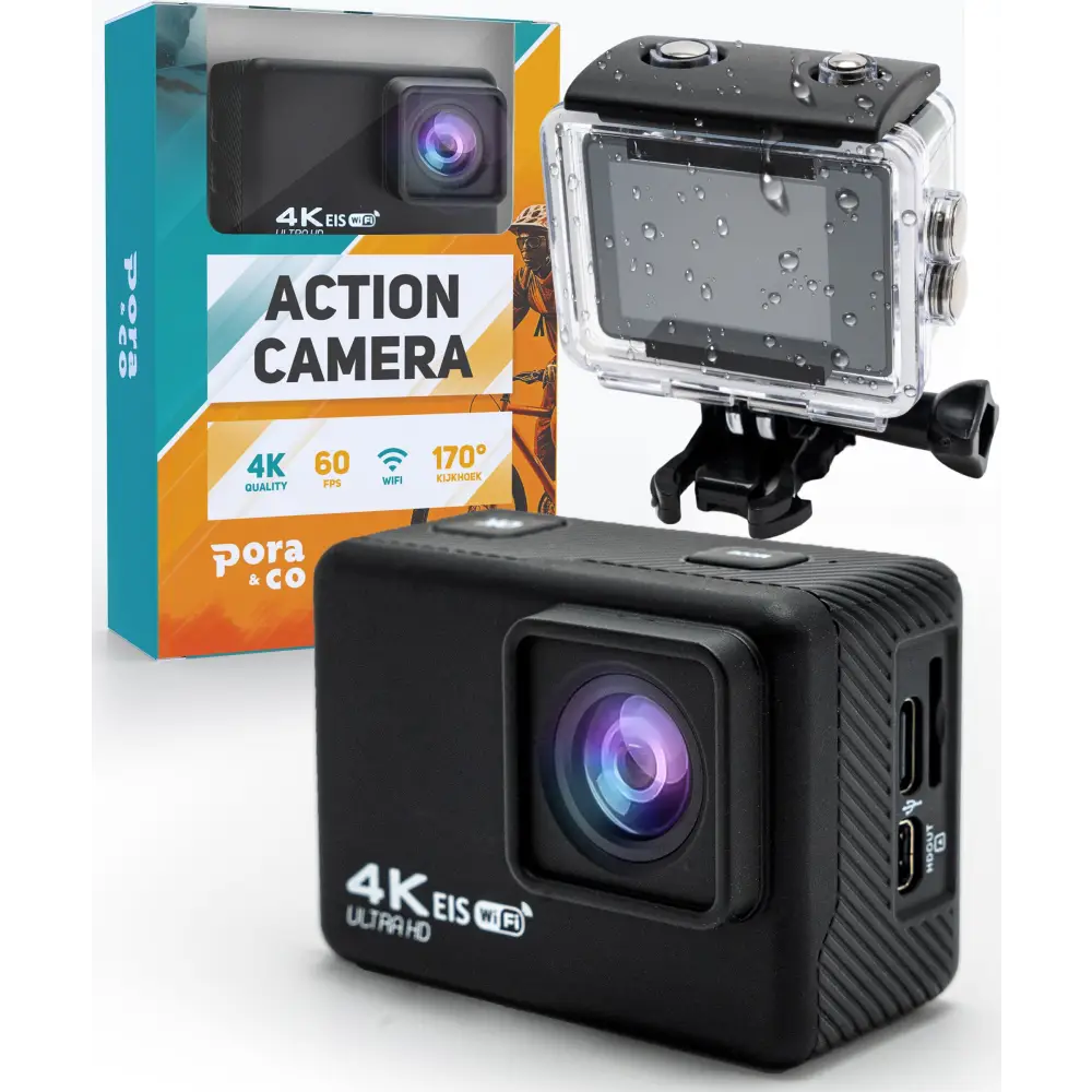Pora&Co Action Camera 4K met EIS Waterdichte behuizing - Elektronica