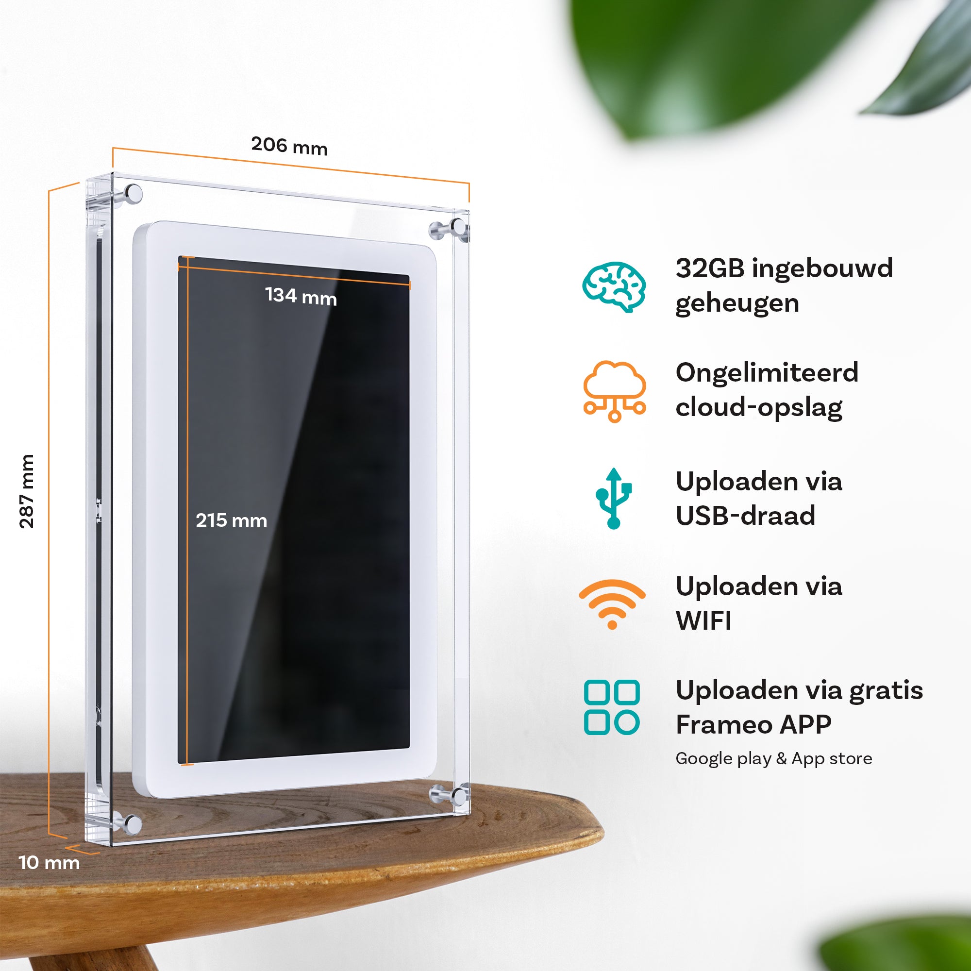 Pora&Co Digitale fotolijst 25.4cm - Acryl - HD + - IPS display - USB-C - Touchscreen - Elektronica