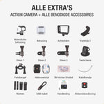 Actiecamera pakket met alle benodigde accessoires, inclusief waterdichte behuizing, montageklemmen, fietshouder, helmhouder, riemen, USB-kabel en afstandsbediening.