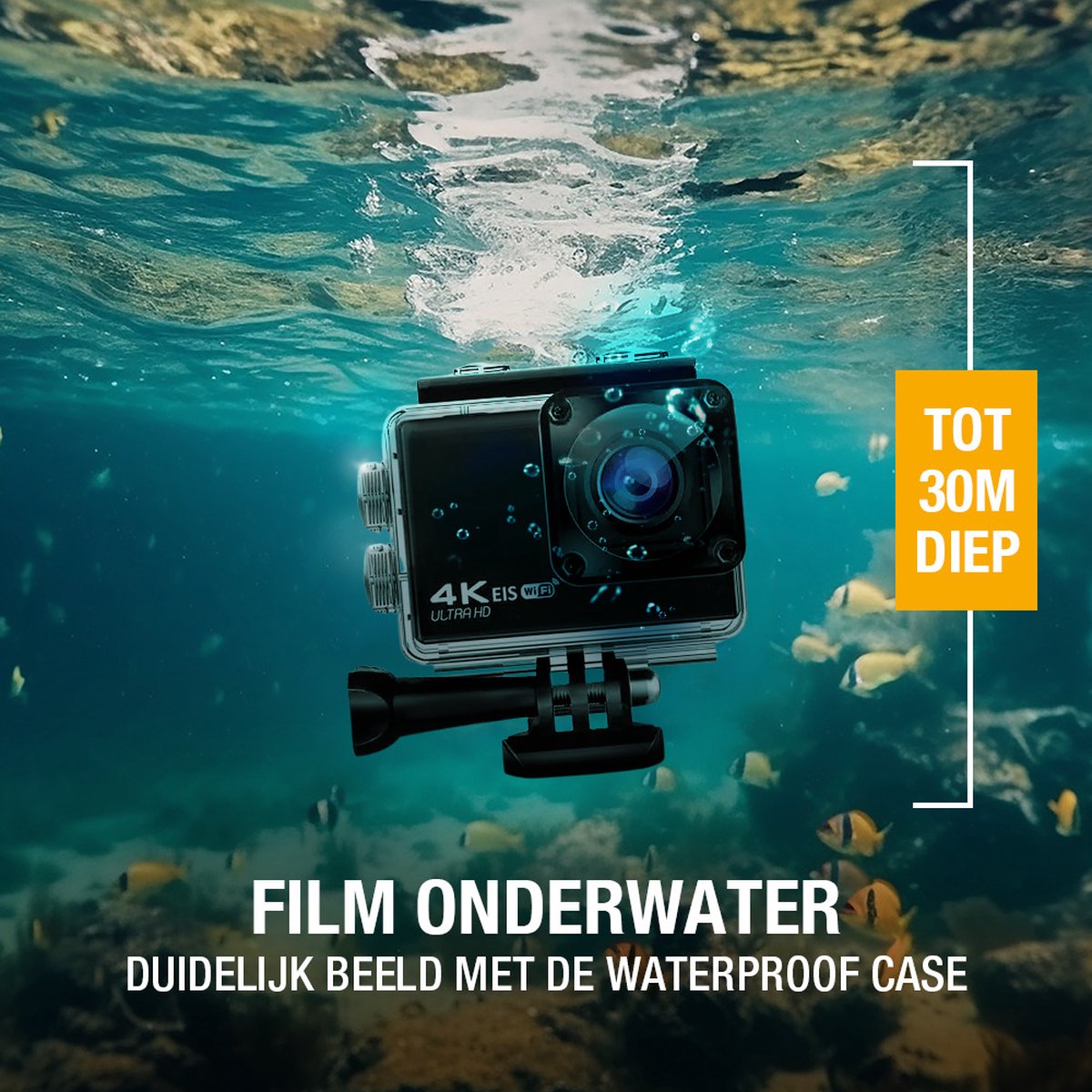 4K Ultra HD actiecamera onder water met waterdichte behuizing, kan filmen tot 30m diep.