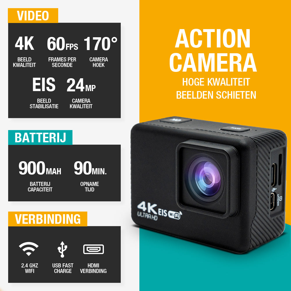 4K actiecamera met 60 FPS, 170° groothoek, EIS stabilisatie, 24MP kwaliteit, 900mAh batterij, 90 minuten opname en verbindingsopties zoals Wi-Fi, USB snelladen en HDMI.