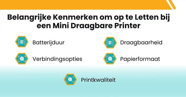 Iconen die belangrijke kenmerken van een mini draagbare printer tonen