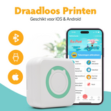 Draadloze printer geschikt voor iOS en Android, getoond naast een smartphone met de print-app.