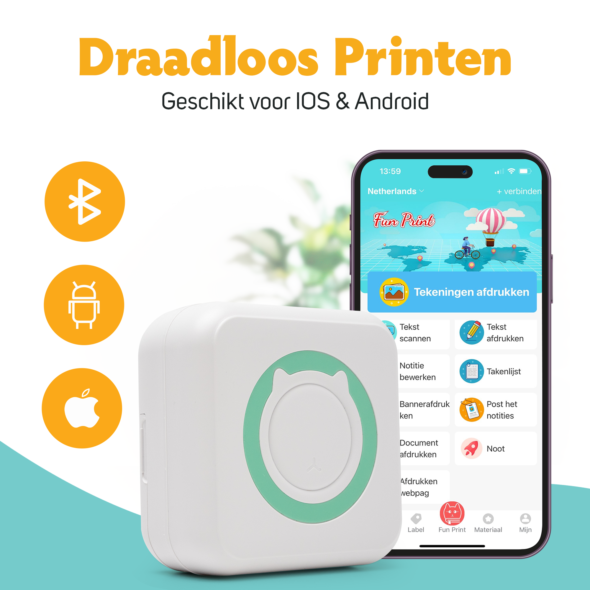 Draadloze printer geschikt voor iOS en Android, getoond naast een smartphone met de print-app.