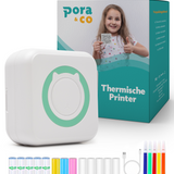 Pora&Co thermische printerpakket met gekleurde printrollen, USB-kabel en markeerstiften, getoond naast de productdoos met een lachend kind.