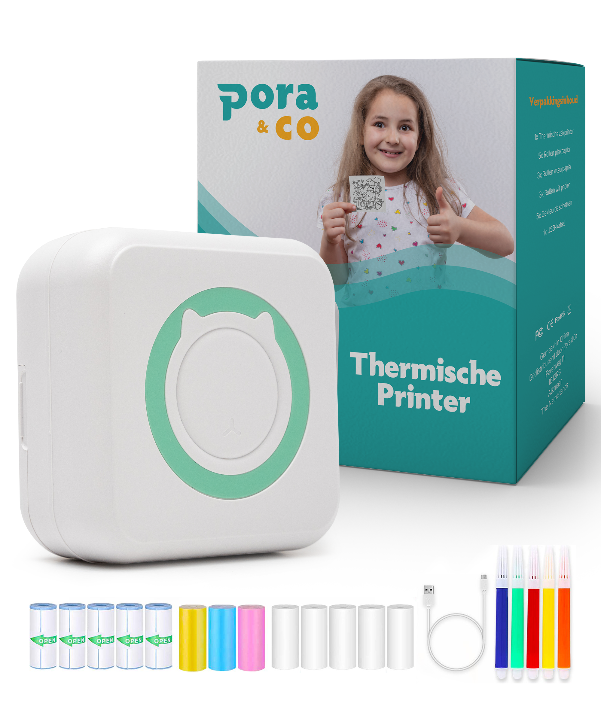 Pora&Co thermische printerpakket met gekleurde printrollen, USB-kabel en markeerstiften, getoond naast de productdoos met een lachend kind.