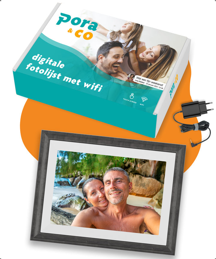 Doos met inhoud van Pora & Co digitale fotolijst