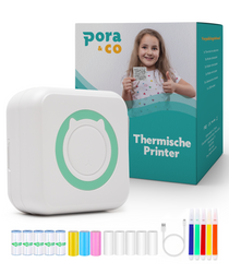 Pora&Co thermische printerpakket met gekleurde printrollen, USB-kabel en markeerstiften, getoond naast de productdoos met een lachend kind.