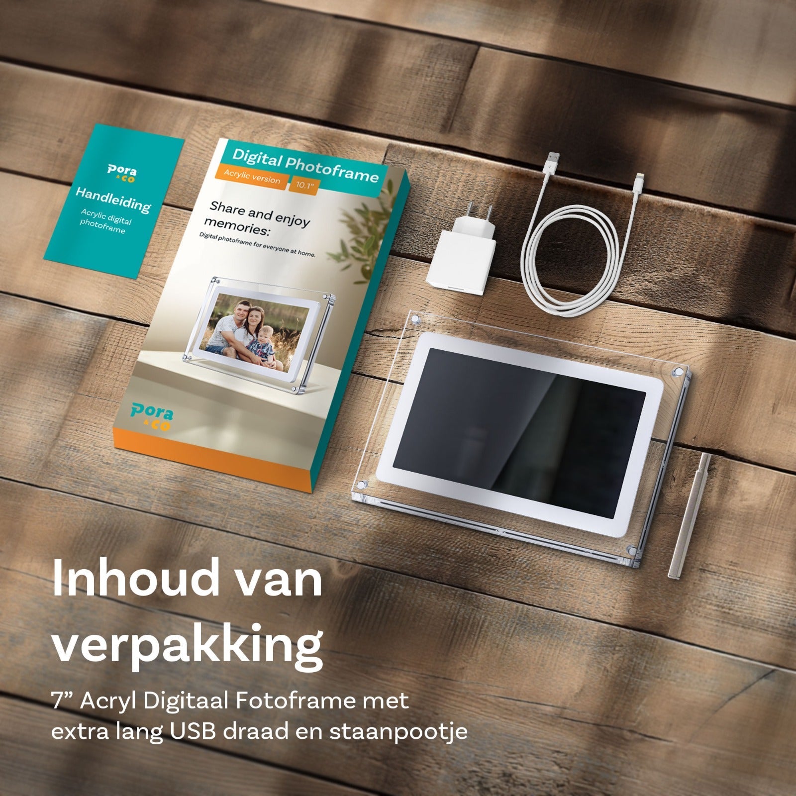 Pora&Co Digitale fotolijst 17.8 cm - Acryl - HD + - IPS display - USB-C - Touchscreen - Elektronica