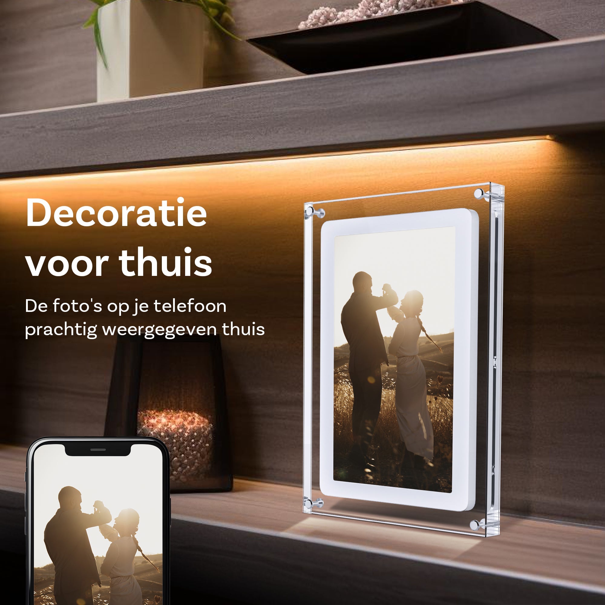 Pora&Co Digitale fotolijst 17.8 cm - Acryl - HD + - IPS display - USB-C - Touchscreen - Elektronica